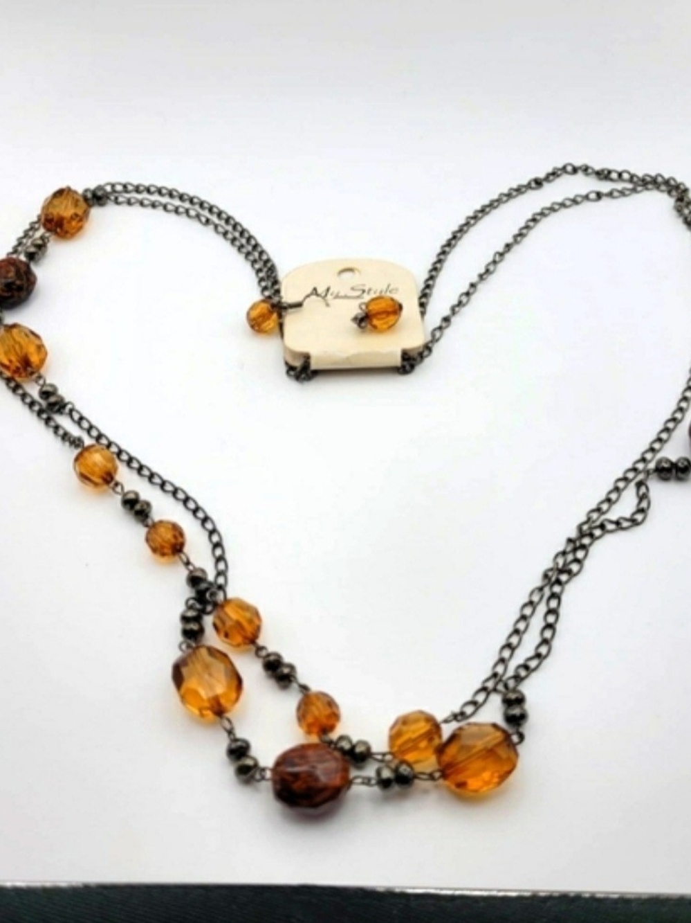 My Style Amber Glass Bead Layered Necklace And Earring Set